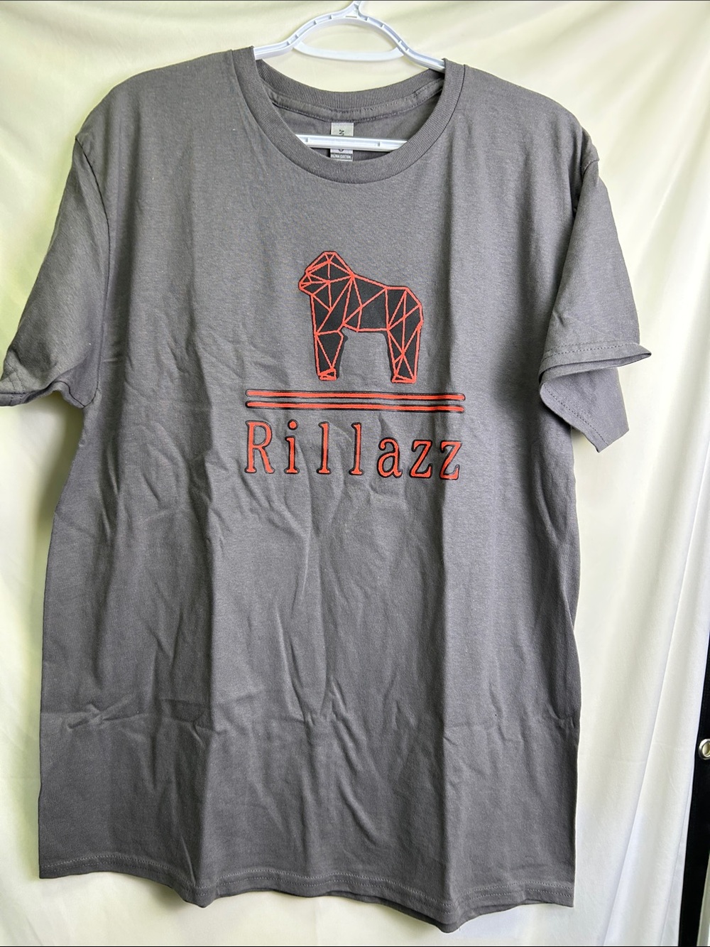 Gildan Gray Short Sleeve Tee with Red Geometric Gorilla and Rillazz Logo